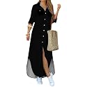 DIACACY Women's Casual Lapel Collar Floral Print Maxi Dresses Side Slit Long Sleeves Loose Slim Shirt Dresses