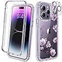 Diaclara Designed for iPhone 14 Pro Max Case 6.7’’, Full Body Rugged Phone Case w/Built-in Sensitive Anti-Scratch Screen Protector+9H Tempered Glass Camera Lens Protector(Clear Flower)