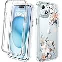 Diaclara Designed for iPhone 15 Plus Clear Flower Butterfly Phone Case 6.7’’, Full Body Rugged Cover w/Built-in Screen Protector+ GlassCamera Lens Protector(Butterfly)