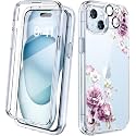 Diaclara Designed for iPhone 15 Plus Phone Case,Full Body Rugged Case with Built-in Screen Protector+9H Tempered Glass Camera Lens Protector (Clear Flower)