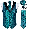 DiBanGu Mens Paisley Suit Vest Silk Jacquard Waistcoat and Necktie Set Formal Shawl Collar Dress Vest 7PCS for Wedding Party