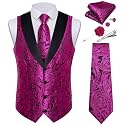 DiBanGu Mens Paisley Suit Vest Silk Jacquard Waistcoat and Necktie Set Formal Shawl Collar Dress Vest 7PCS for Wedding Party