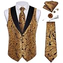 DiBanGu Mens Paisley Suit Vest Silk Jacquard Waistcoat and Necktie Set Formal Shawl Collar Dress Vest 7PCS for Wedding Party