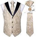DiBanGu Mens Paisley Suit Vest Silk Jacquard Waistcoat and Necktie Set Formal Shawl Collar Dress Vest 7PCS for Wedding Party