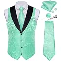 DiBanGu Mens Paisley Suit Vest Silk Jacquard Waistcoat and Necktie Set Formal Shawl Collar Dress Vest 7PCS for Wedding Party