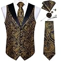 DiBanGu Mens Paisley Suit Vest Silk Jacquard Waistcoat and Necktie Set Formal Shawl Collar Dress Vest 7PCS for Wedding Party