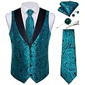 DiBanGu Mens Paisley Suit Vest Silk Jacquard Waistcoat and Necktie Set Formal Shawl Collar Dress Vest 7PCS for Wedding Party