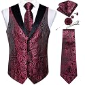 DiBanGu Mens Paisley Suit Vest Silk Jacquard Waistcoat and Necktie Set Formal Shawl Collar Dress Vest 7PCS for Wedding Party
