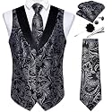 DiBanGu Mens Paisley Suit Vest Silk Jacquard Waistcoat and Necktie Set Formal Shawl Collar Dress Vest 7PCS for Wedding Party