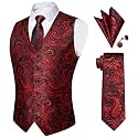DiBanGu Mens Paisley Vest Silk Sleeveless Suit Vest and Neck Tie Pocket Square Cufflinks Set for Wedding Formal