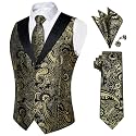 DiBanGu Mens Paisley Vest Silk Sleeveless Suit Vest and Neck Tie Pocket Square Cufflinks Set for Wedding Formal