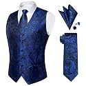 DiBanGu Mens Paisley Vest Silk Sleeveless Suit Vest and Neck Tie Pocket Square Cufflinks Set for Wedding Formal