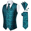 DiBanGu Mens Paisley Vest Silk Sleeveless Suit Vest and Neck Tie Pocket Square Cufflinks Set for Wedding Formal