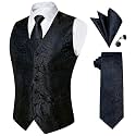 DiBanGu Mens Paisley Vest Silk Sleeveless Suit Vest and Neck Tie Pocket Square Cufflinks Set for Wedding Formal