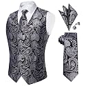 DiBanGu Mens Paisley Vest Silk Sleeveless Suit Vest and Neck Tie Pocket Square Cufflinks Set for Wedding Formal