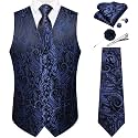 DiBanGu Mens Vest and Tie Set Formal Paisley Waistcoat and Necktie Pocket Square Cufflinks Silk Suit Vest for Tuxedo Wedding