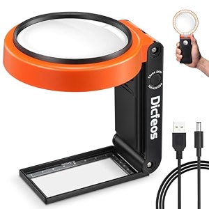 dicfeos 30x 40x magnifying glass with light and stand folding design 18 led illuminated magnifying glass for close work handheld large magnifying glasses for reading powered by battery or usb