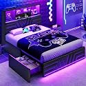 DICTAC Full Size Bed Frame with 4 Drawers and Storage Headboard, Gaming Bed with RGB Lights and Charging Station, Esports-Style Bed, Leather Upholstered Platform Bed, No Box Spring Needed, Black