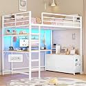 DICTAC Loft Bed Full Size with U-Shaped Desk,7 Storage Drawers and Charging Station,Metal Full Loft Bed with Led Lights and 2-tier Storage Shelves,loft full bed with Safety Guardrail and Ladders,White