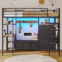 DICTAC Loft Bed Twin Size with 6 Storage Drawers,Coat Rack and Open Shelves Metal Twin Loft Bed with Desk,Charging Station and LED Light,loft beds with Large Pegboard,Stairs and Safety Guardrail,Black