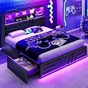 DICTAC Queen Bed Frames with 4 Drawers and Storage Headboard, Gaming Bed with RGB Lights and Charging Station, Esports-Style Bed, Leather Upholstered Platform Bed, No Box Spring Needed, Black
