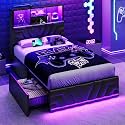 DICTAC Twin Bed Frames with 4 Drawers and Storage Headboard, Gaming Bed with RGB Lights and Charging Station, Esports-Style Bed, Leather Upholstered Platform Bed, No Box Spring Needed, Black