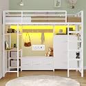 DICTAC Twin Loft Bed with 6 Storage Drawers,Coat Rack and Open Shelves Metal Twin Size Loft Bed with Desk,Charging Station and LED Light,loft beds with Large Pegboard,Stairs and Safety Guardrail,White