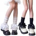 Didaey 2 Pairs Lace Ruffle Leg Warmers with Bow, Y2k Kawaii Lolita Balletcore Mesh Slouchy Knee High Socks, Fairycore Halloween Cosplay Accessories for Women, One Size, Black and White