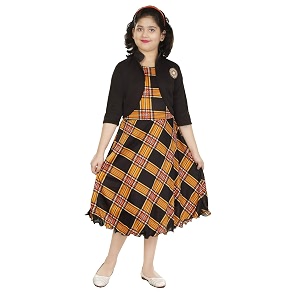 DIGIMART Girls Knee Length Yellow Checks FrockBlack