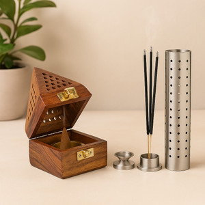 digirake dhoop stand  agarbatti stand combo 2 in 1 wooden stainless steel incense holder set