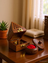 DigiRake Sheesham Wood Dhoop Stand, Sindoor Dibbi, Kukum Barani Combo Wooden Incense Holder Set