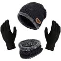 DIGITAL SHOPEE Winter Knit Beanie, Cap, Neck Warmer, Scarf and Woolen Gloves Set - Skull Cap for Men/Women - Black, 3 Piece Set