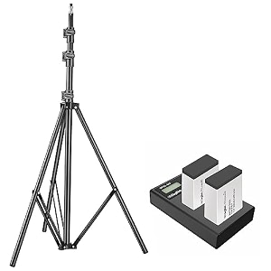 digitek platinum dual port li-ion lcd battery charger with 2 nos of 1250mah capacity lp e17 li-ion battery amp  dls-9ft lightweight amp portable aluminum alloy light stand for ring light