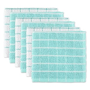 dii 100 cotton machine washable ultra absorbant basic everyday 12 x 12 terry kitchen dish cloths windowpane design set of 6- aqua