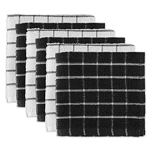 dii terry combo windowpane dishcloths absorbant multi-use fast drying and machine washable 12x12 black 6 piece