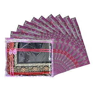 set of 10 pcs flower design non woven single saree cover packing bag with zip combo pink