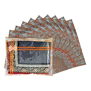 set of 10 pcs flower design non woven single saree cover packing bag with zip combo orange