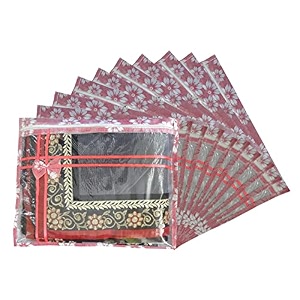 set of 10 pcs flower design non woven single saree cover packing bag with zip combo peach