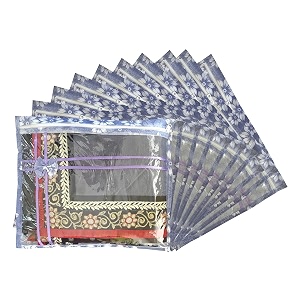 set of 10 pcs flower design non woven single saree cover packing bag with zip combo blue
