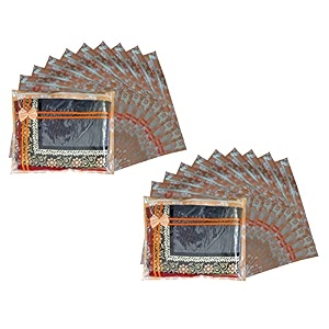 set of 20 pcs flower design non woven single saree cover packing bag with zip combo orange