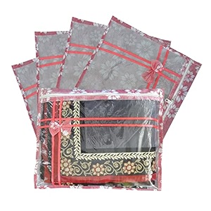 set of 5 pcs flower design non woven single saree cover packing bag with zip combo peach