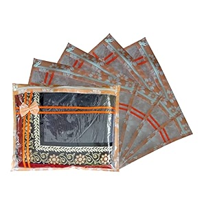 set of 5 pcs flower design non woven single saree cover packing bag with zip combo orange