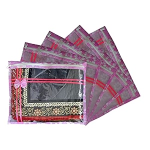 set of 5 pcs flower design non woven single saree cover packing bag with zip combo pink