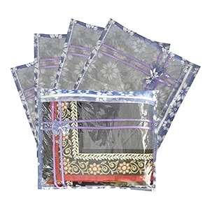 set of 5 pcs flower design non woven single saree cover packing bag with zip combo blue