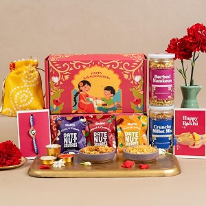 dil ka dhaaga rakhi gift box for brother  9 items with dry fruit barfi chocolate cashew cranberry almond cocoa orange crunchy millet mix herbed namkeen rakhi roli chawal potli