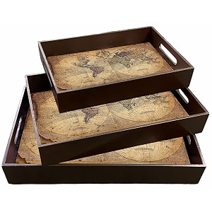 dime store wooden tray for servingdecorative serving tray set of 3 trays for home and restaurants engineered wood world map theme brown