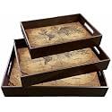 Dime Store Wooden Tray for Serving/Decorative Serving Tray Set of 3 Trays for Home and Restaurants (Engineered Wood) (World Map Theme, Brown)