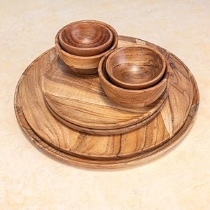 dinamate dinner set of 8 pieces for family of 2  handcrafted acacia wood dinnerware set  food safe amp sustainable plates amp bowls crockery set for modern aesthetic dining amp gifting