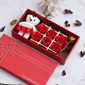 dinine craft valentine artificial rose flowers bunch and gift box decorative showpiece  -  22 cm polyresin orange