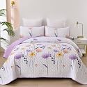 Dinjoy Floral Quilt Set Queen, 3 Pieces Purple Flower Bedspread Coverlet